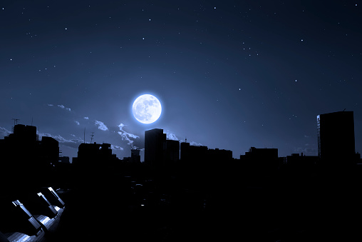 full moon over city skyline